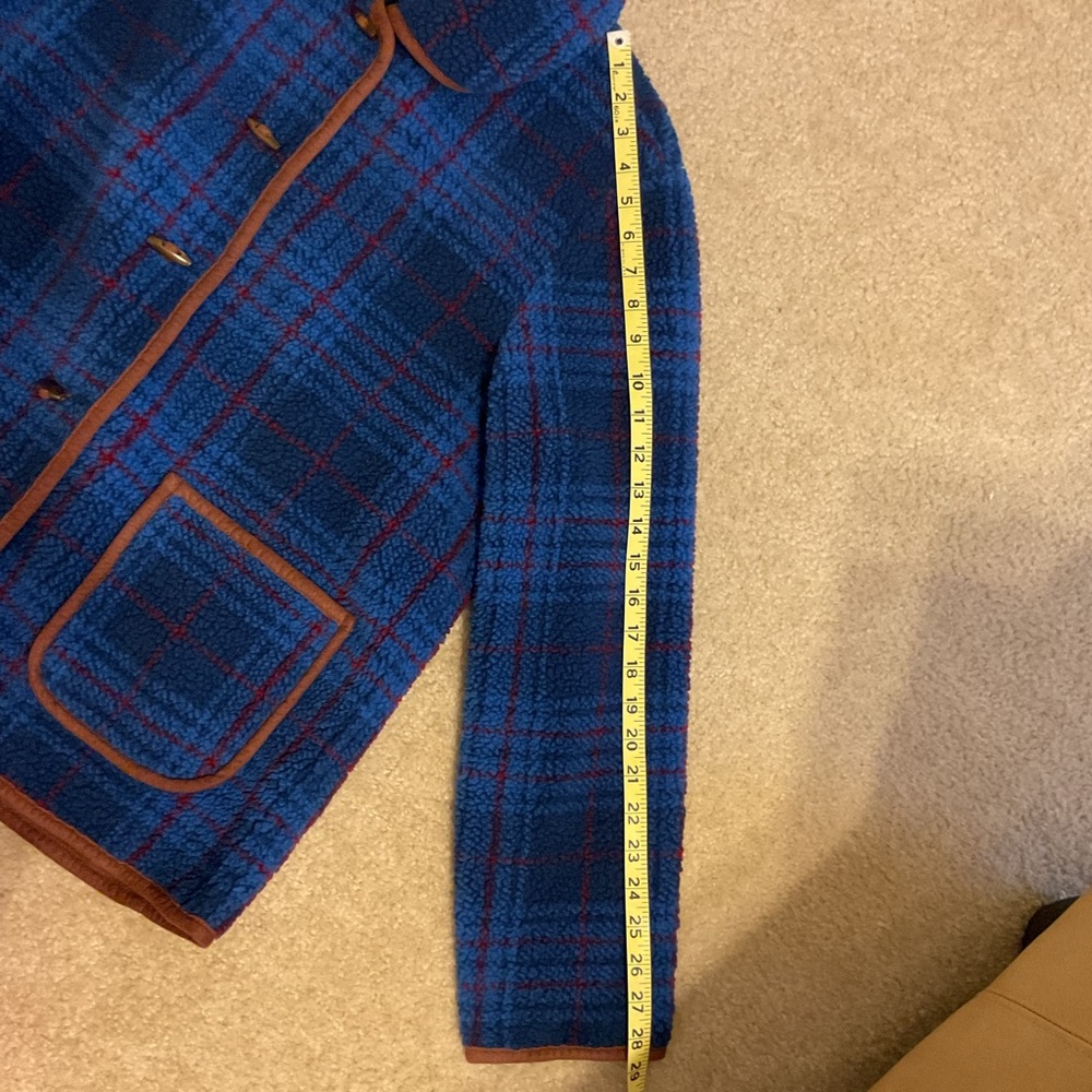 Orvis Blue Burgundy Plaid & Brown Trim Toggle 5 Button Down Fleece Jacket Blazer - Picture 4 of 15